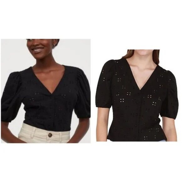 H&M Black Eyelet Puff Sleeve top - XS - Picture 2 of 11